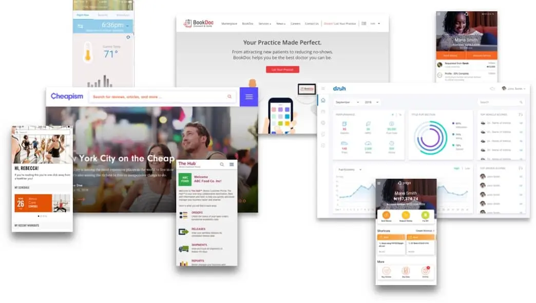 7 various screenshots of AgilityIO web and mobile app design work 